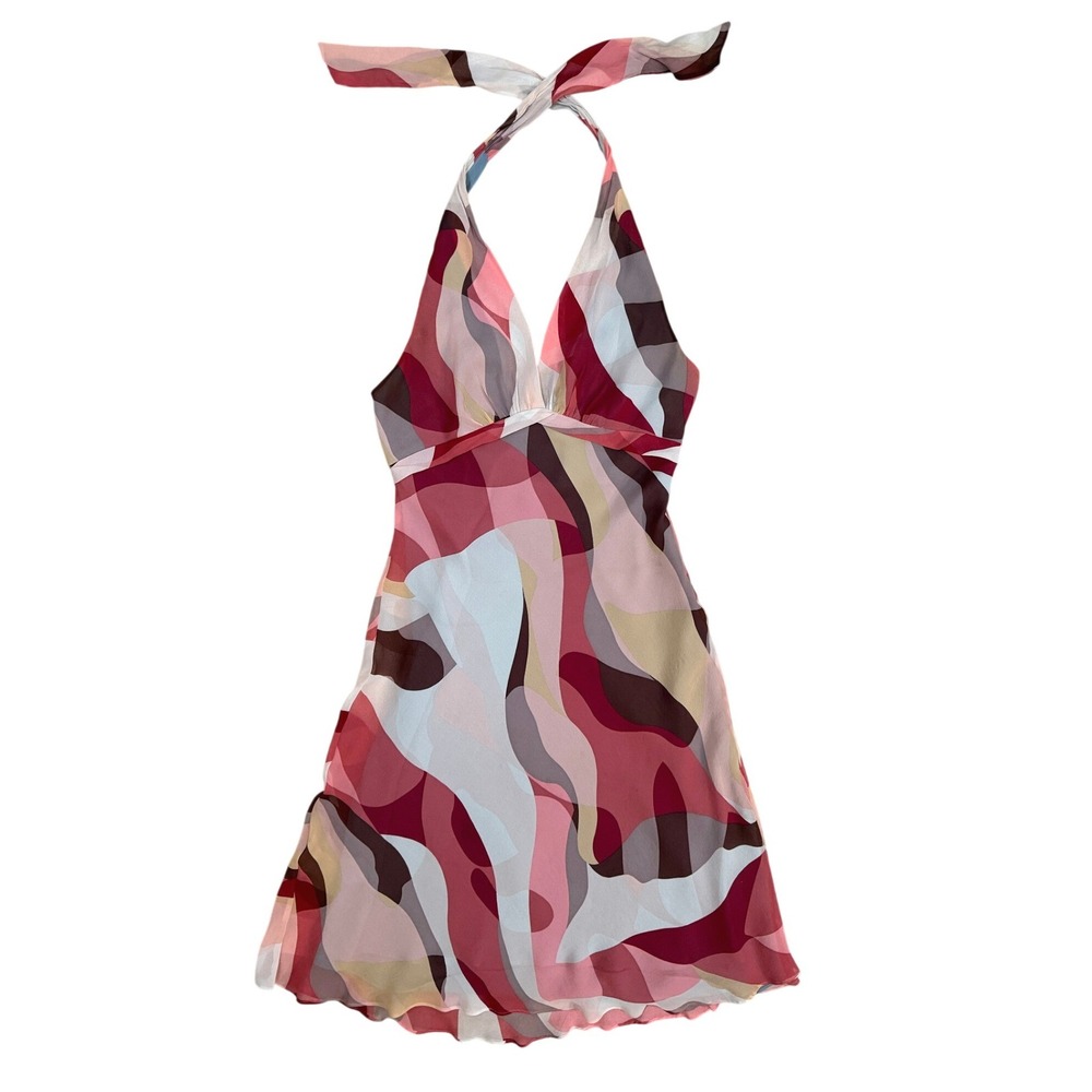 BCBGMaxAzria 100% Silk Halter Abstract Swirl Midi Dress Size 10 Y2K Backless - Picture 9 of 14